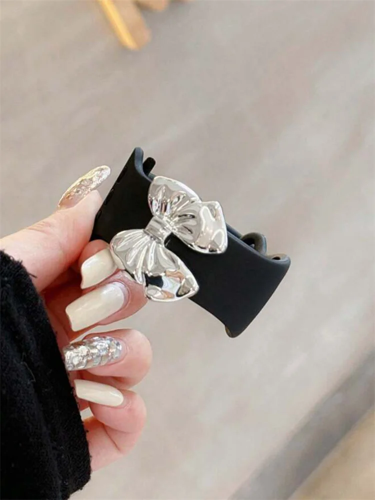 Y2k Cute 3D Silver Bowknot Strap For Apple Watch Band 49mm 45 44 41 42 38 40 Correa Men Women Band For Watch Series 9 8 7 SE 6 5