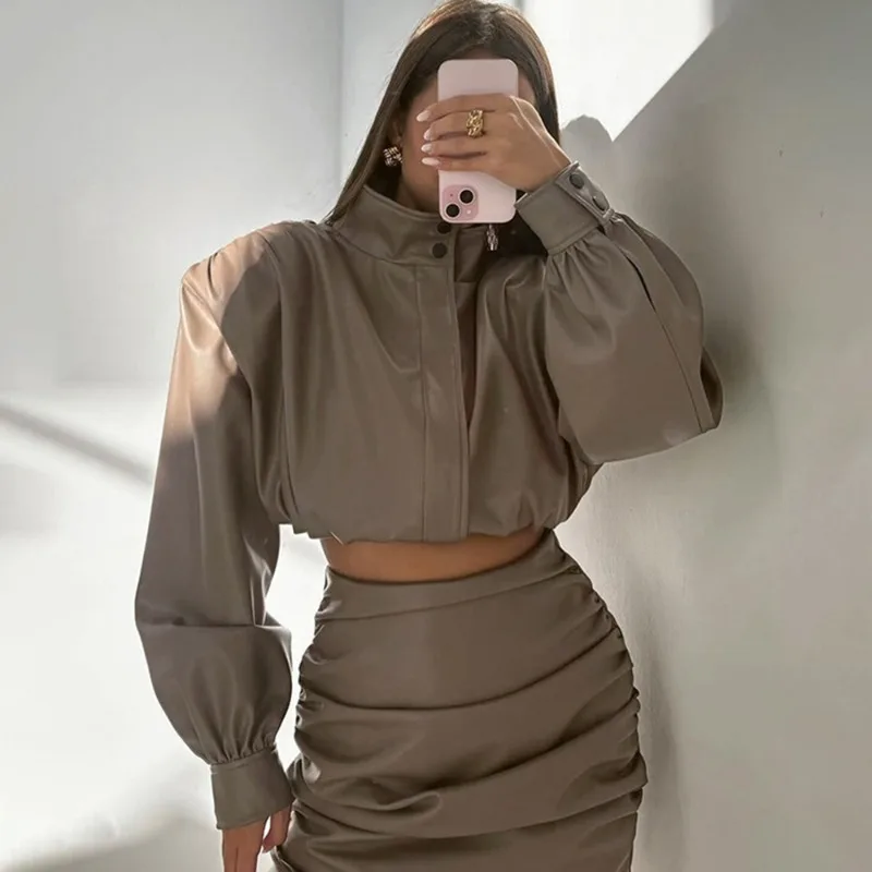 Talenza Giacca in pelle da donna vintage Autunno New Fashion Streetwear Giacca corta con cerniera Colletto alla coreana di lusso Capispalla femminile