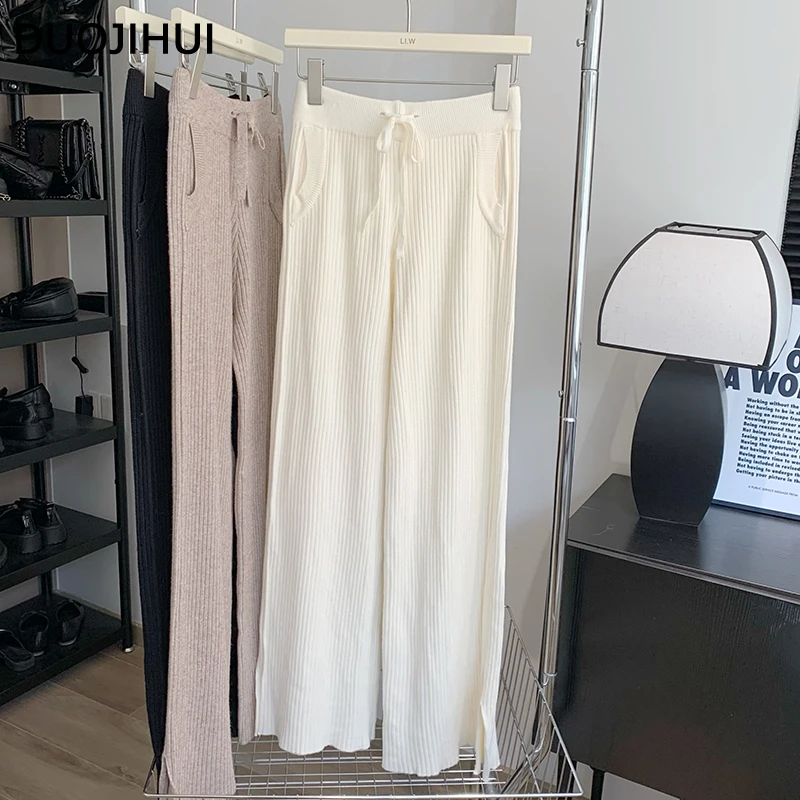 

DUOJIHUI Autumn Basic High Waist Slim Loose Female Pant New Chic Drawstring Simple Pure Color Fashion Pocket Women Wide Leg Pant
