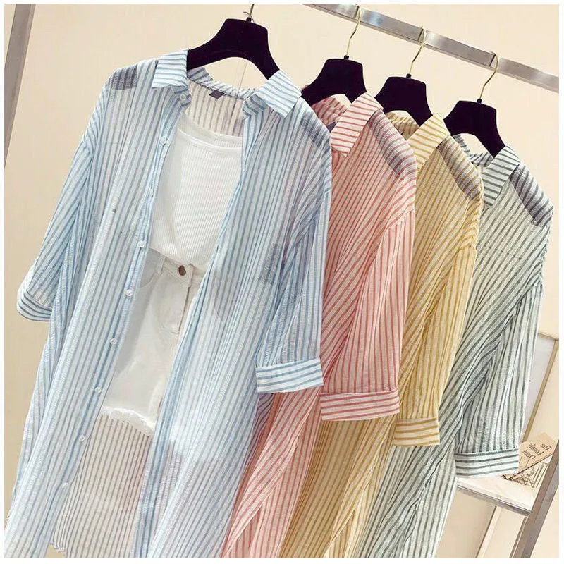 Women's Thin Coat Korean Fan Summer Clothes New Sunscreen Jackets Loose Mid-Length Vertical Striped Shirt Female Tops