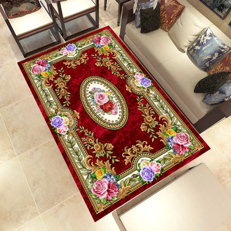 Reese Velvet Soft Carpet Rug Living Room Parlor Renaissance Red Marble Background Luxury Blooming Flowers Floor Protection Decor