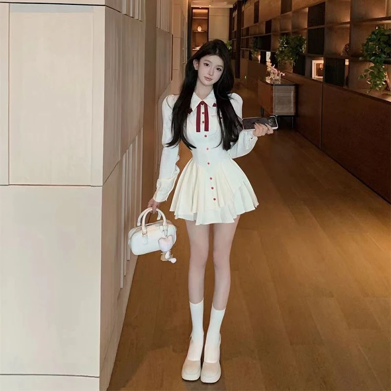 فستان قصير بفيونكة حلوة للنساء للخريف بأكمام طويلة فساتين غير منتظمة بطيات مرقعة كاواي بأزرار بريبي بقصة ضيقة فساتين للطلاب #6