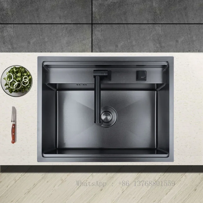 Invisible Sink Single Tank With Cover Under Counter Handmade Nano Black Hidden Kitchen Island Faucet