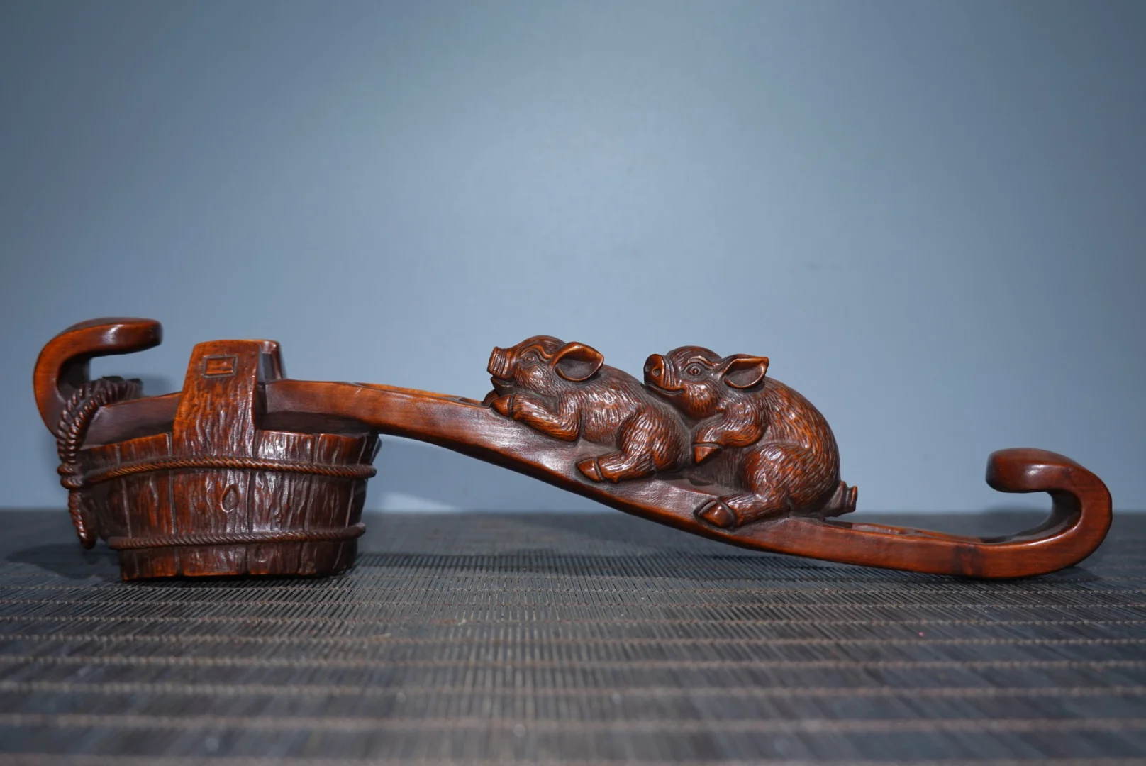 

Huangyang Wood Carved Shoulder Pole And Pig Tabletop Decoration Ornaments