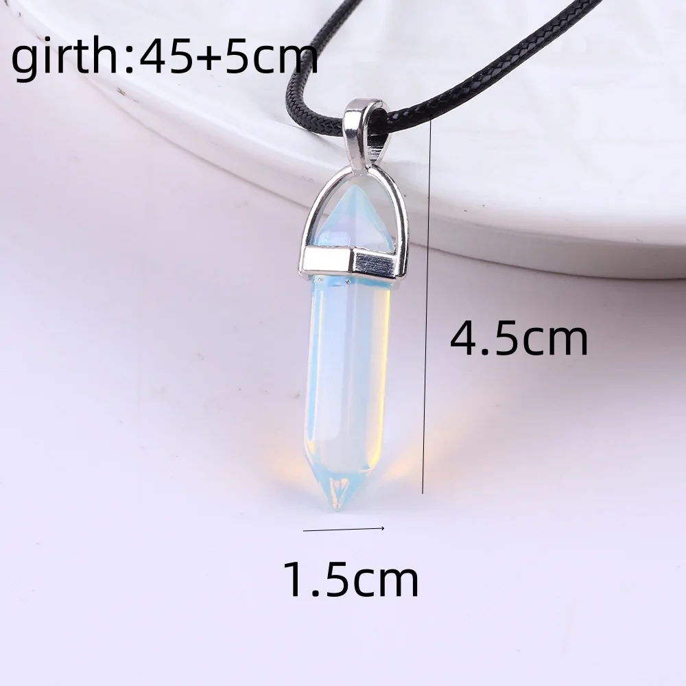 New Natural Stone Pendant Necklace Women PU Leather Hexagonal Column Pointed Reiki Chakra Lapis Opal Chunky Jewelry