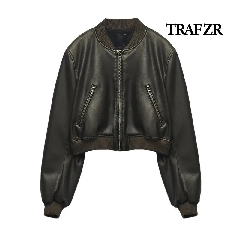 

TRAF ZR Woman Faux Fur Coat Zipper Leather Jackets Perfecto Leather New In Outerwears Aviator Woman Y2K High Street Long Sleeve