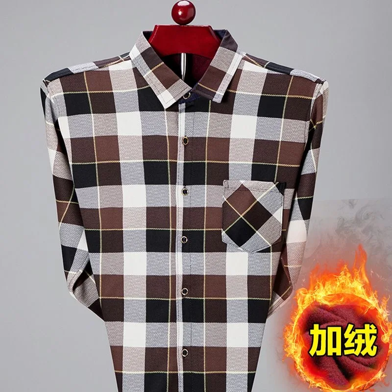 2024 Autumn and Winter New Fashion Trend Plus Fleece Thick Warm Shirt Men\'s Casual Loose Comfortable Plaid Long-Sleeved Shirt