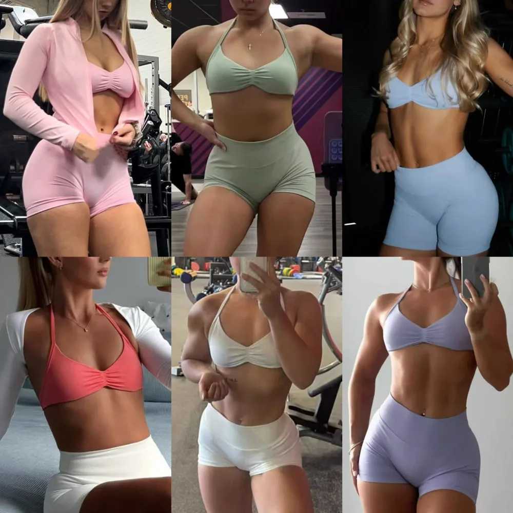 

European and American sports neck bra plus sports yoga shorts yoga top women's beautiful back running yoga hip lift shorts set