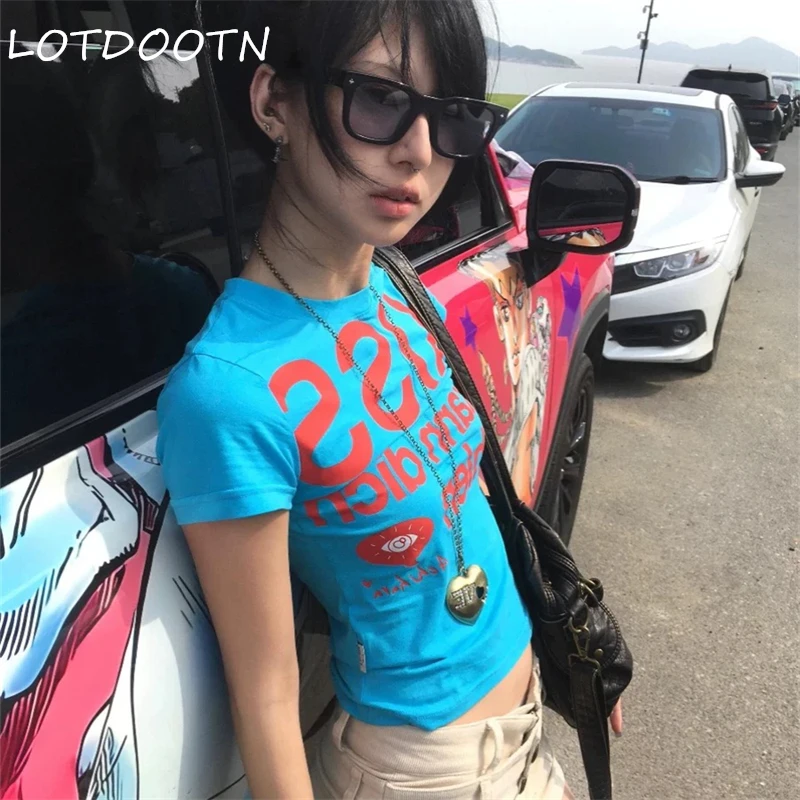 

LOTDOOTN Summer Y2k Vintage Graphic Kiss Print Girly 2000s Aesthetics Sweet Harajuku Subculture Girl Short Sleeve Slim Fit Tops