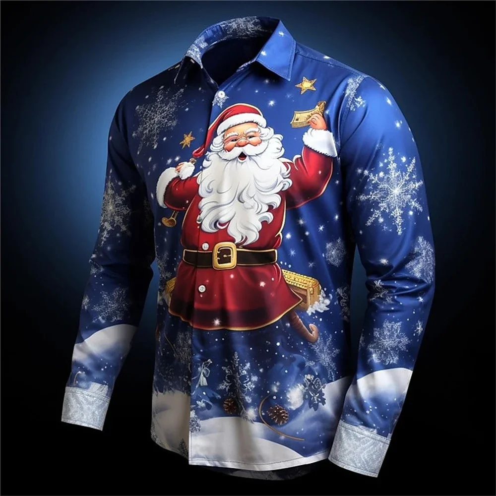 

Blue Christmas Shirts For Men Casual Festival Men Women Clothing Santa Claus Print Long Sleeve Shirt Oversized Shirts Lapel Tops