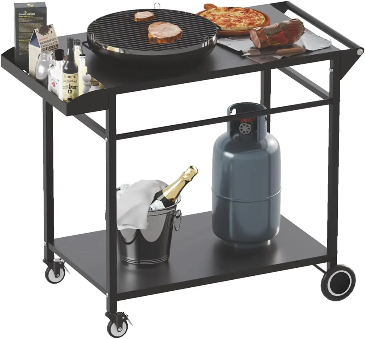 

Outdoor Grill Cart Table with 4 Wheels for 17" or 22" Griddles, Movable BBQ Prep Station, Double-Shelf Metal Worktable with Spice Rack, Black