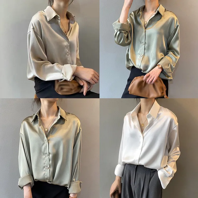 Elegangt Satin Shirt for Women Niche Top Long Sleeve Blouse Solid Color All Match Luxury Shirts