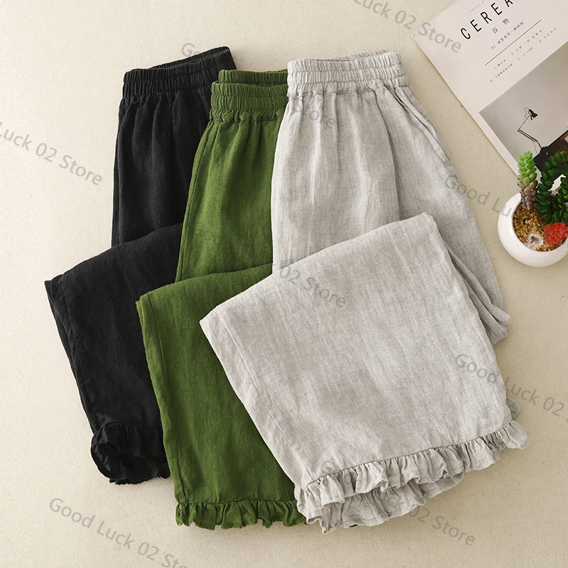 السراويل القطنية والكتان تسع دقائق المرأة الصيف الجديدة الأدبية اليابانية حافة الأذن الخشبية أزياء أنيقة عالية الخصر السراويل واسعة الساق
