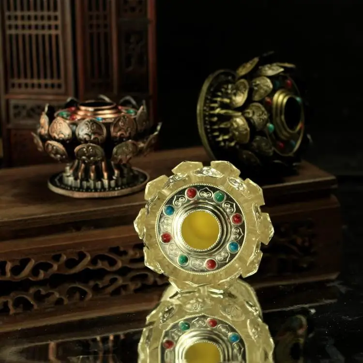 Alloy Hand Crank Base with Prayer Beads Eight Auspicious Symbols Lotus Statue Stand Desktop Home Decor Ornament
