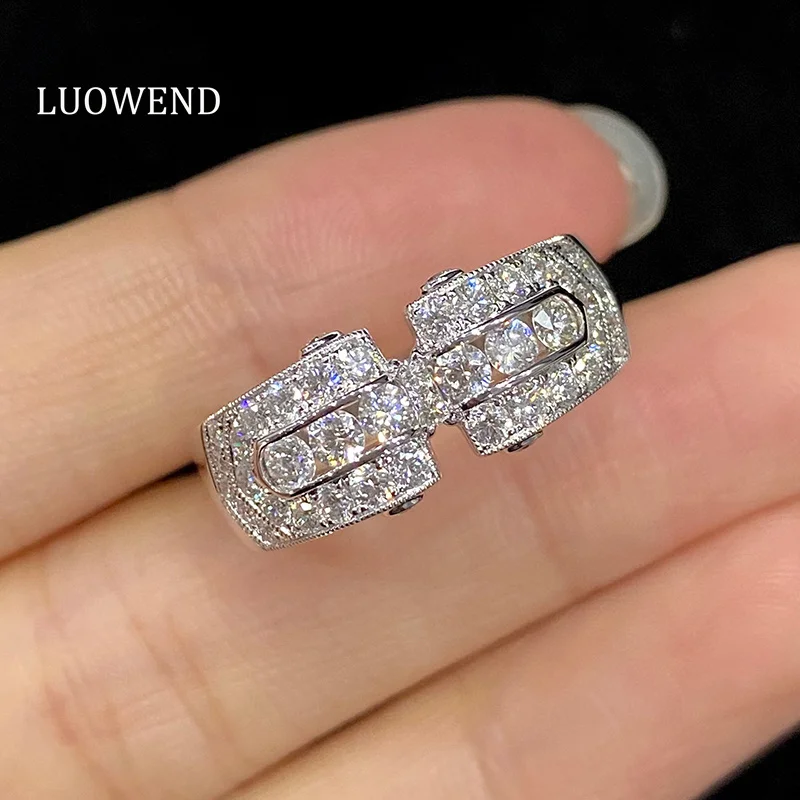

LUOWEND 18K White Gold Rings Fashion Sketching Ethnic Elements Design Real Natural Diamond Ring for Women High Party Jewelry