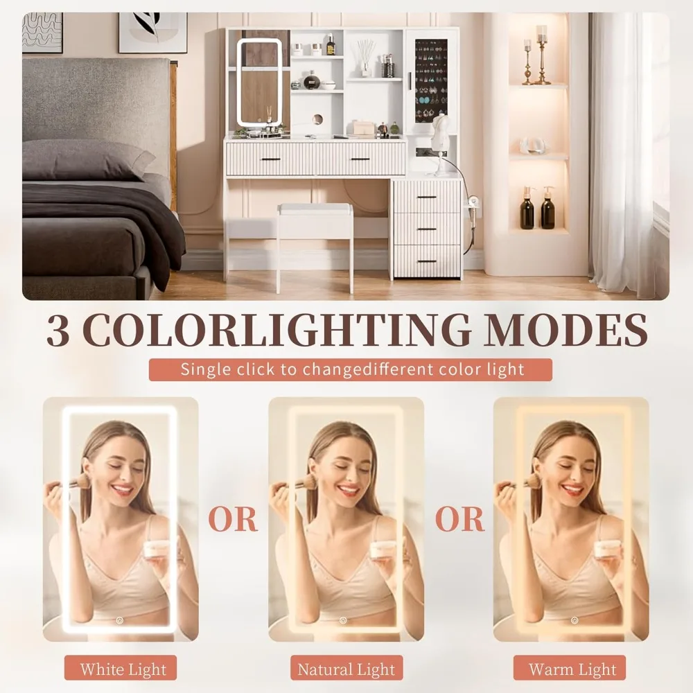 مكتب زينة مكياج مضيء مع أدراج ومرآة وحامل مجفف شعر