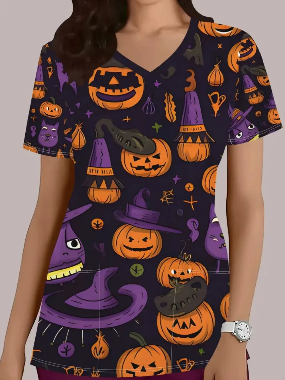 Chirurgische Uniformen Vrouw Halloween Leuke Cartoon Prints Tandheelkundige Verpleegster Mode V-hals Korte Mouw Zakken Klinische Uniform Vrouw