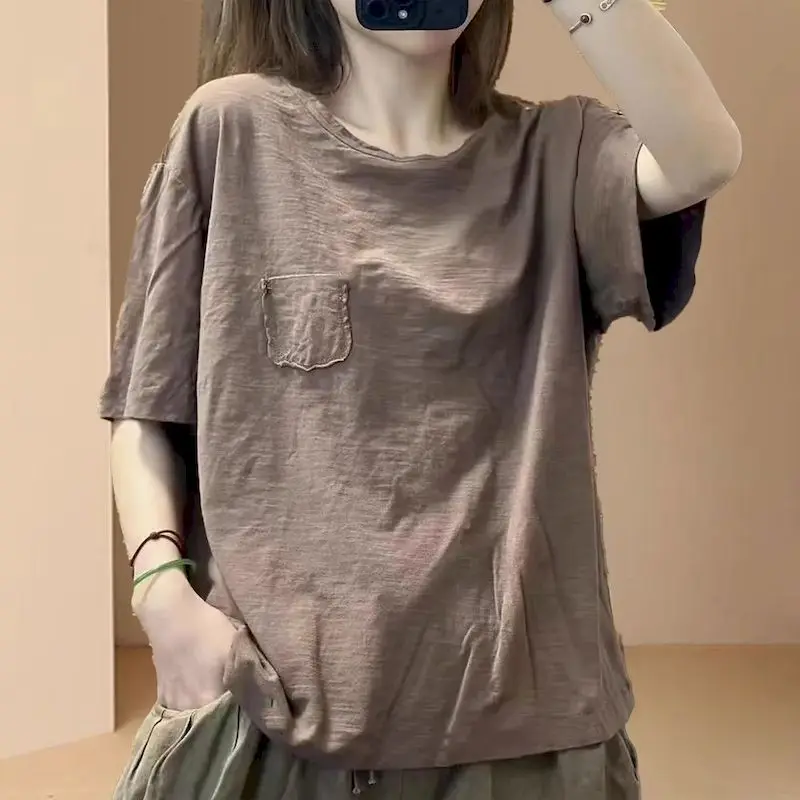 Cotton T-shirts for Women Casual Loose Short Sleeved Tshirt Summer Trend Breathable Bottom Top Thin Fashion Solid Color T Shirt