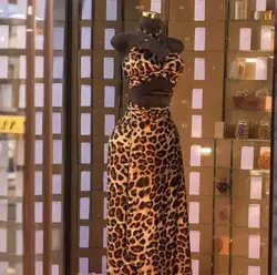 Elegant Leopard Long Dresses 2 Piece Sets Women Summer Holiday Sexy Bustier Crop Tops Maxi Skirts Suits Bohemian Beach Clubwear