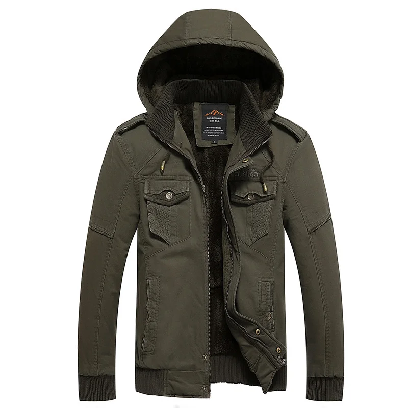 Men's Hooded Plus Velvet Thick Jacket Military Style Parkas Coat Multiple Pockets Cargo Cotton Male