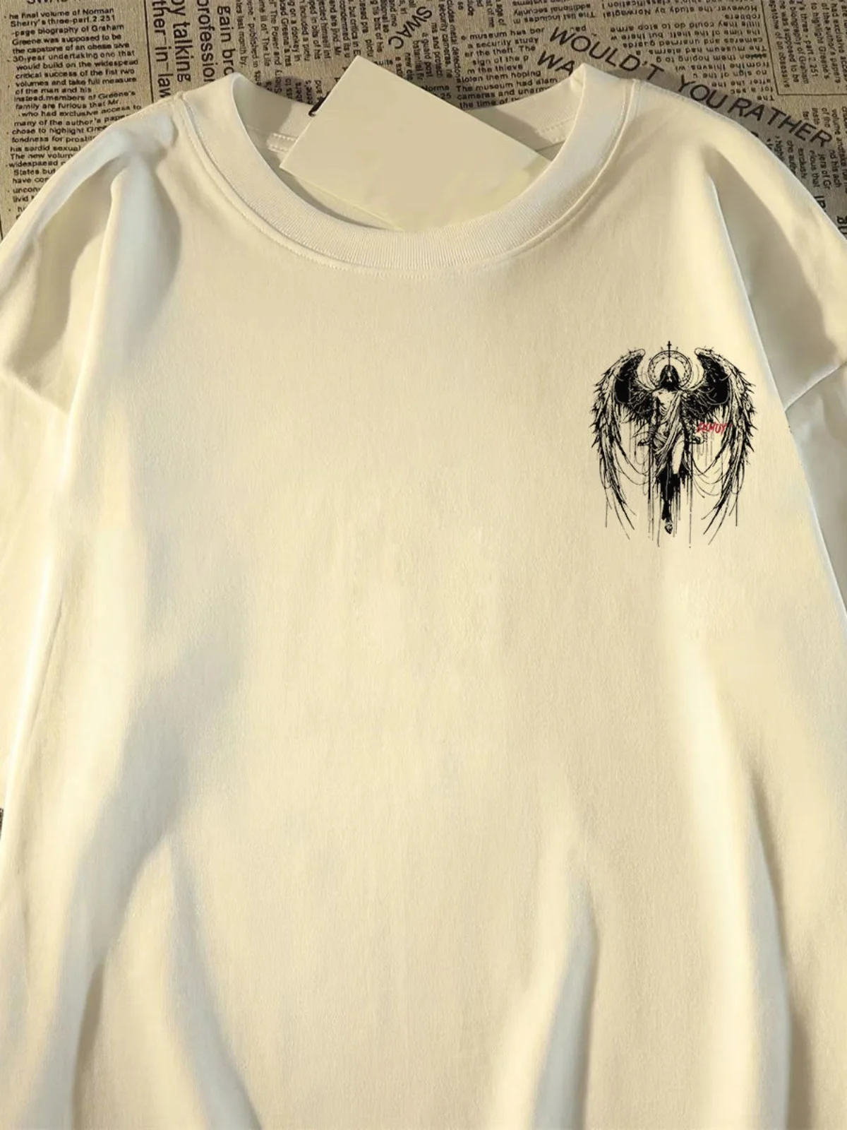New Port Style Wing Angel Loose Trendy Retro Summer T-shirt 100% Cotton Cool Comfortable Adult Men's Daily Use Soft Breathable