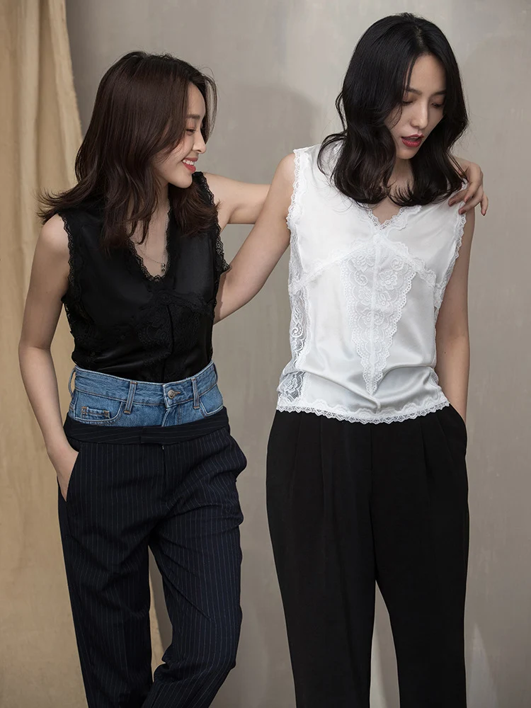 SuyaDream. Women Lace Tanks, Real Silk and Lace, V neck, Sleeveless Chic T Shirt, 2025 Solid Summer Vests, Black, White