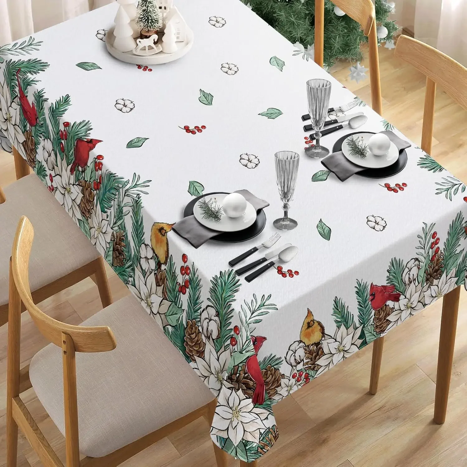 Christmas Poinsettia Pine Cone Berry Tablecloths for Table Decor Winter Xmas Cardinal Red Bird Table Cloth Christmas Decoration