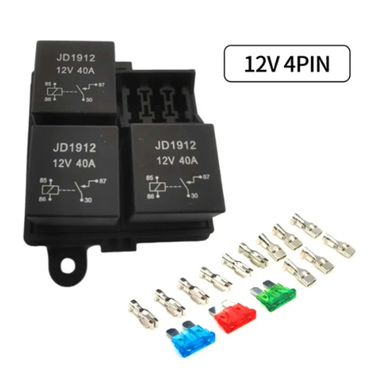 3 Way 4Pin Fuse Holder Relay Holder Circuit Standard ATO Blade Fuse Relay Holder 12V 40A Relay