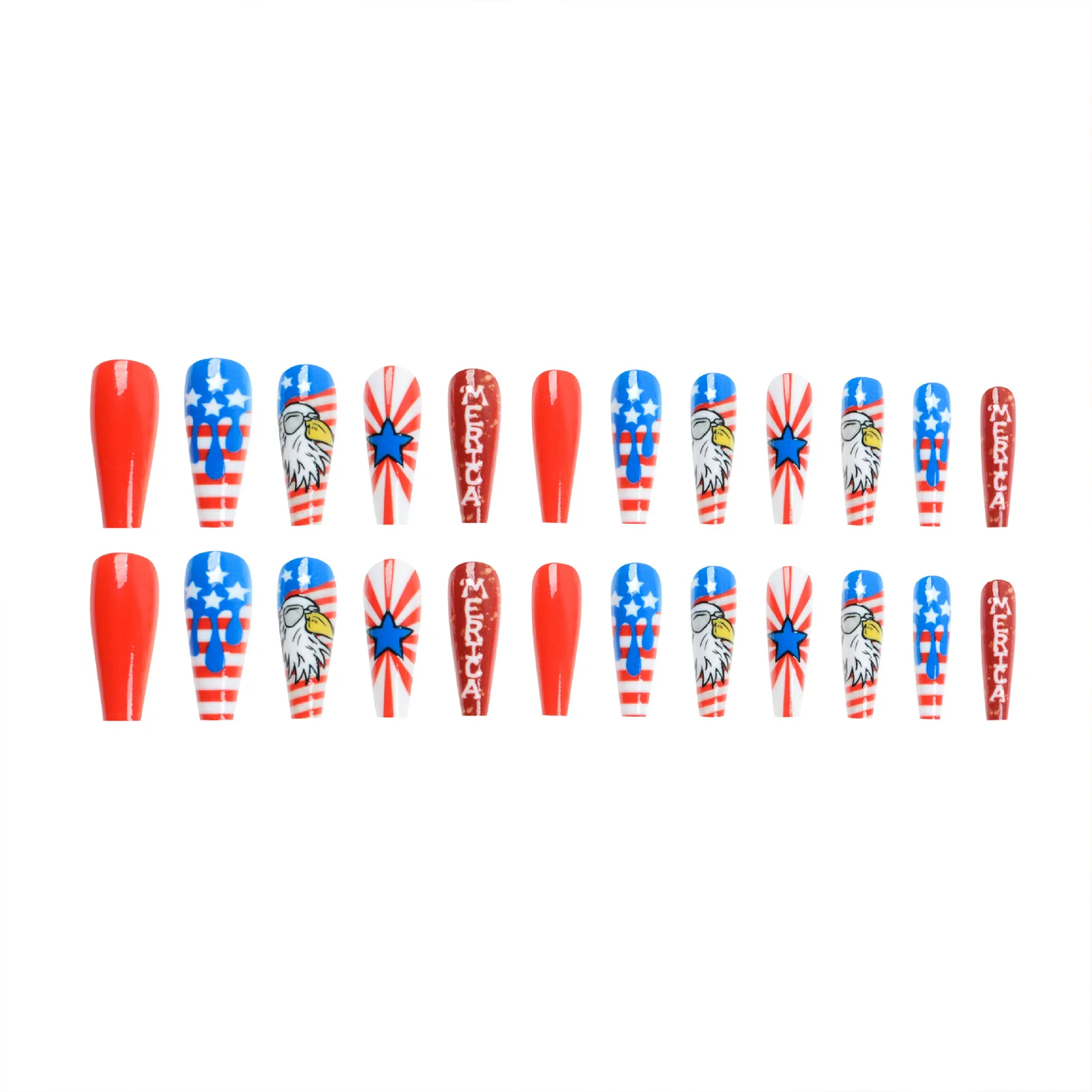 The-Stars-and-The-Stripes Red Long Fake Nails Add Independence Day's Atmosphere Nails for Party Dating and Wedding