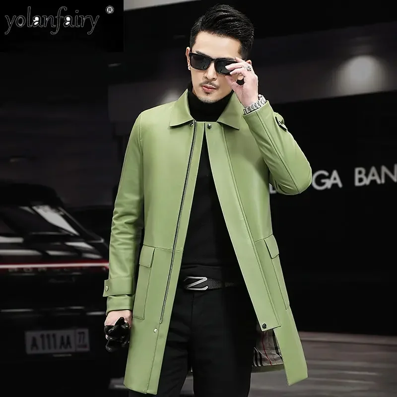 

High End New Genuine Leather Coat Men's Jackets Midi Long Sheepskin Windbreaker Green Leather Jacket Lapel Coat Veste Homme FCY