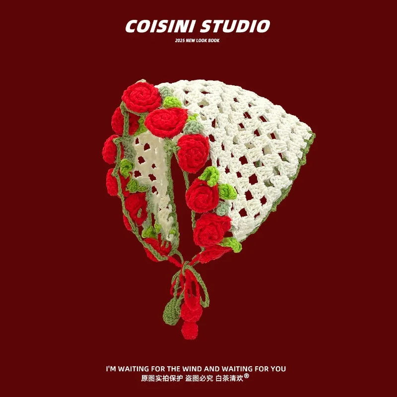 

Y2K Ретро розовый дизайн вязаный треугольный шарф для волос для женщин лето осень путешествия модные универсальные милые шапки-платки