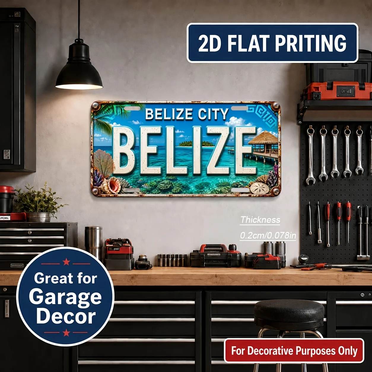 2D Flat, [2D Flat] 2D Flat Print, 1pc, Belize-themed Vintage License Plate, Home Decoration, Birthday Gift, Vintage Wall Art, In