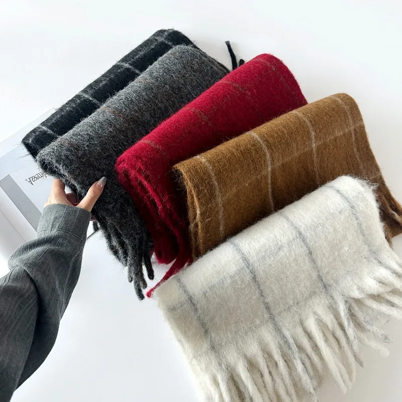 

High Quality Solid Color Women's Scarf Mohair Plaid Thickened Warm Wrap Autumn Winter Female Versatile Neck Protection Scarves