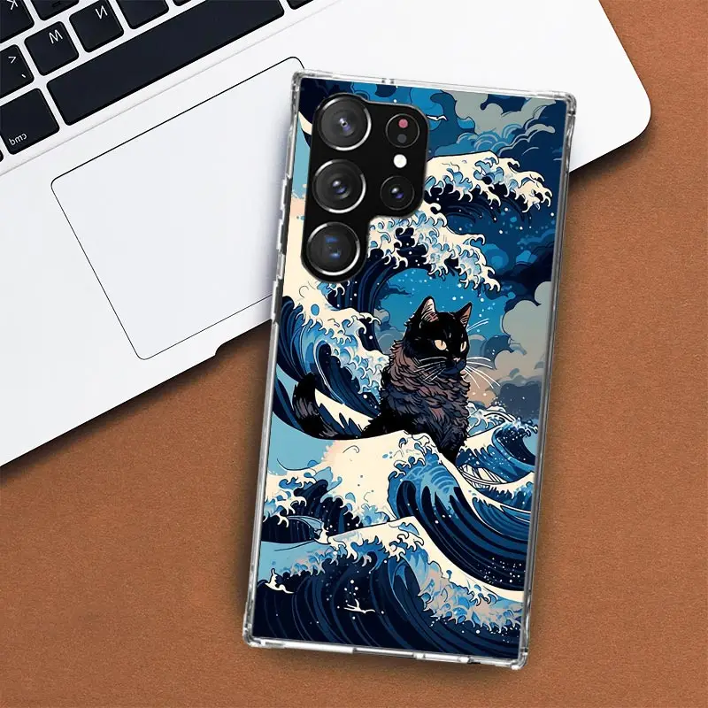 Anime Cat Sea Wave Aesthetic Phone Case For Samsung Galaxy S24 S23 S22 Ultra S21 S20 Fe S10 Plus S10E S9 S8 + Shell Coque