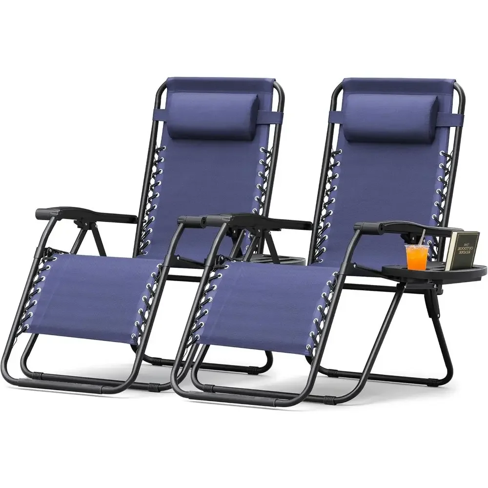 Reclining Outdoor Lounge Chair with Cup Holder and Pillows for Patio, Lawn, Poolside, and Beach (Blue Set of 2)