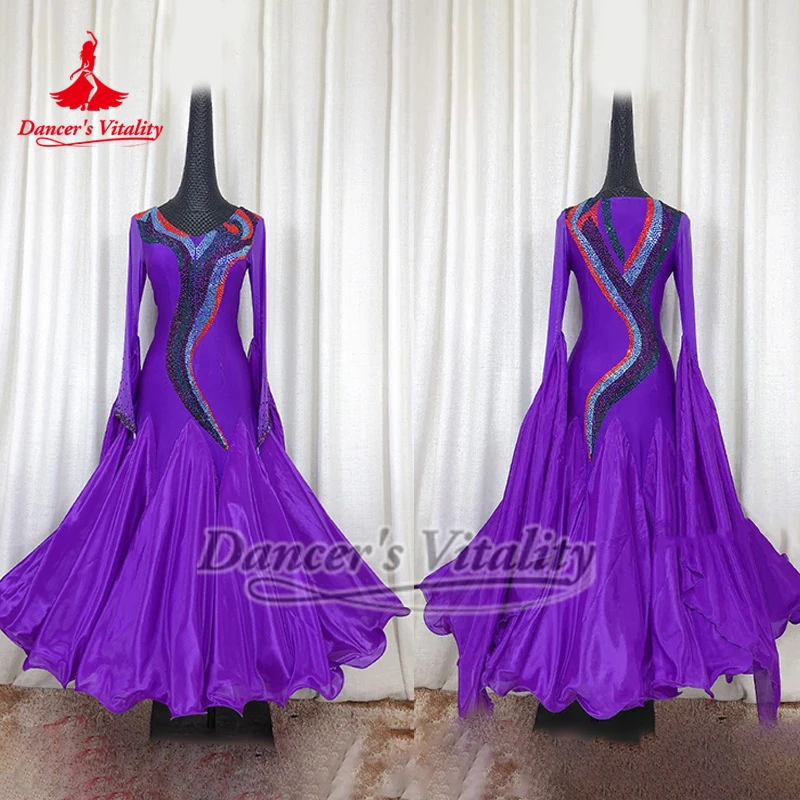 Adulto o novo estilo avançado pérola tecido de seda envolto-hip vestidos de dança de salão roxo tango valsa traje de concurso personalizado