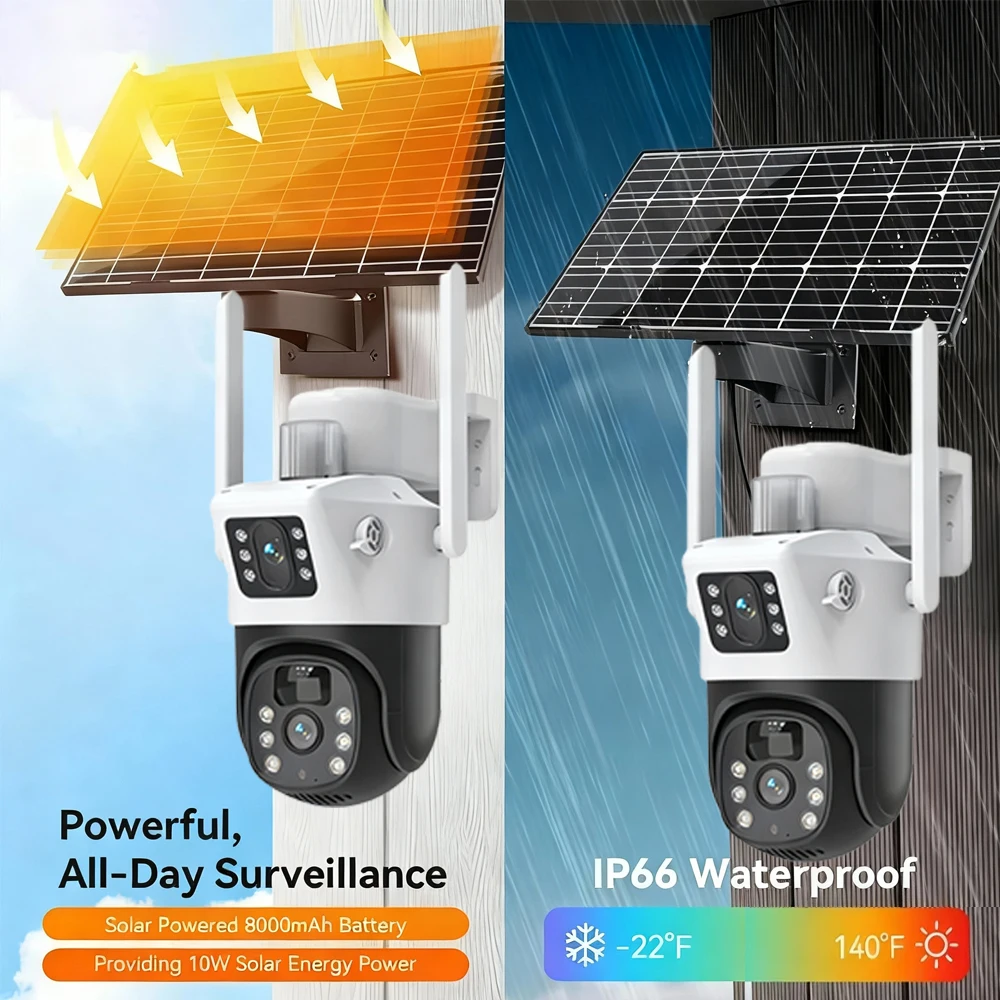 8MP 4K WiFi Solar Camera Dual Lenses Outdoor Low Power Battery IP Camera Full Night Vision Motion Detection Security Camera