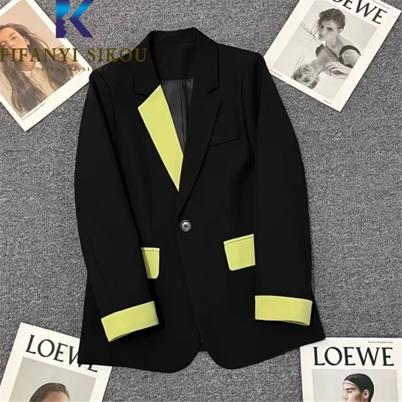 

Spliced Black Suit Jacket Women 2024 Spring Autumn Fashion Pocket Single Button Blazer Jacket Female Loose Casual Blazers Coat