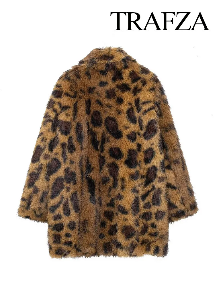 TRAFZA Women Fashion Leopard Turn Down Collar Single Breasted Long Sleeve Jacket Woman Winter Warm Faux Fur Effect Jacket Coat