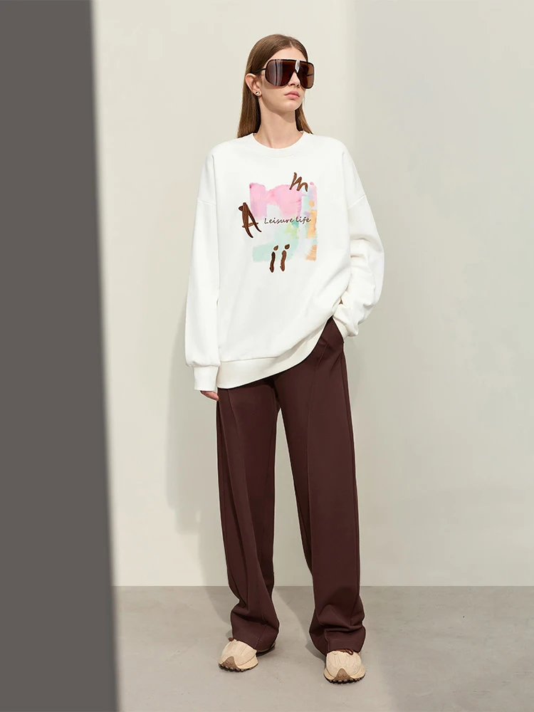 Amii Minimalism College Style Sweatshirt For Women 2024 Spring New Mid-Length Loose Printed Embroidery Drop Sleeve Tops 12441079