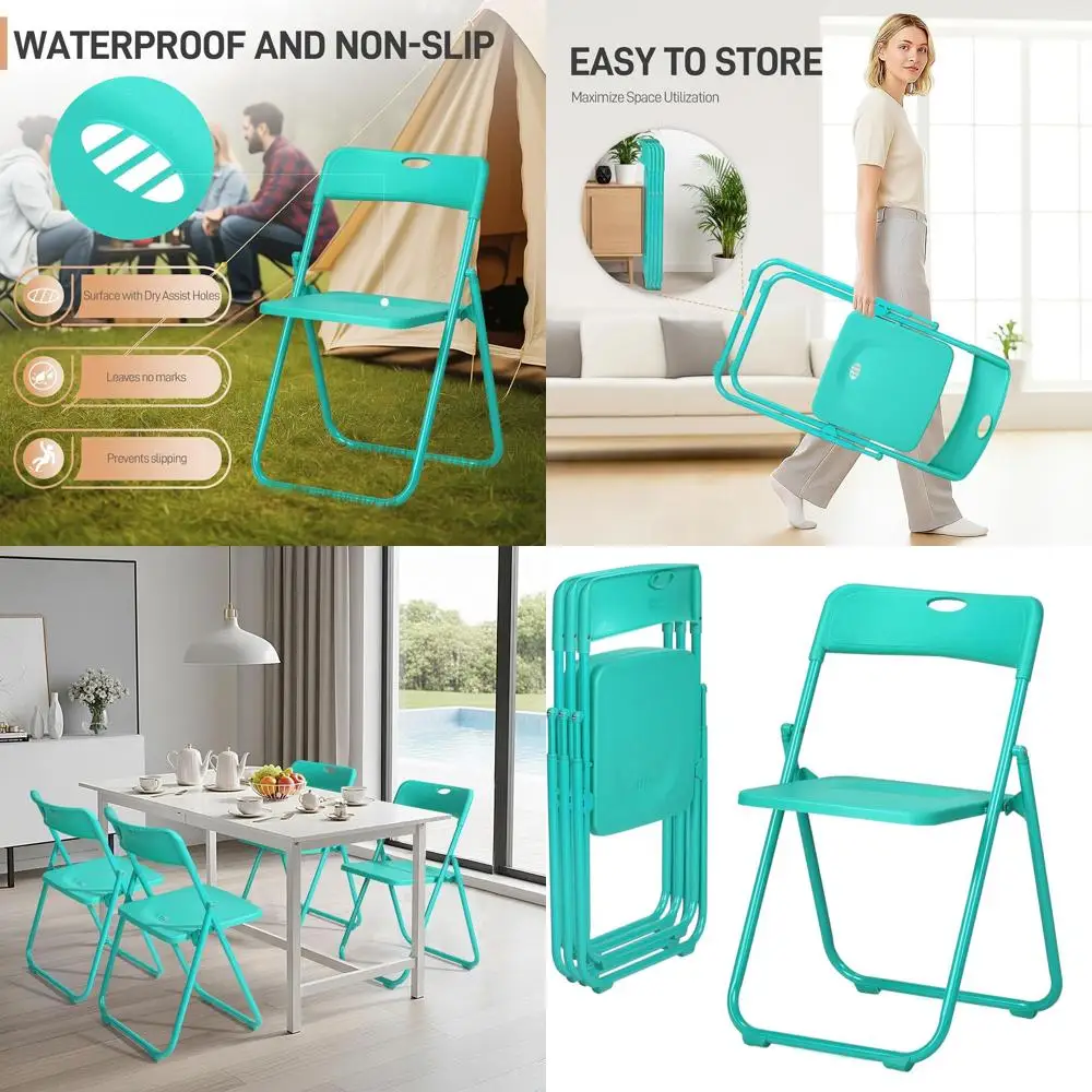 

4-Pack Folding Chairs, 300lbs Capacity, Lightweight Plastic with Metal Frame, Portable for Indoor/Outdoor Use, Mint Green