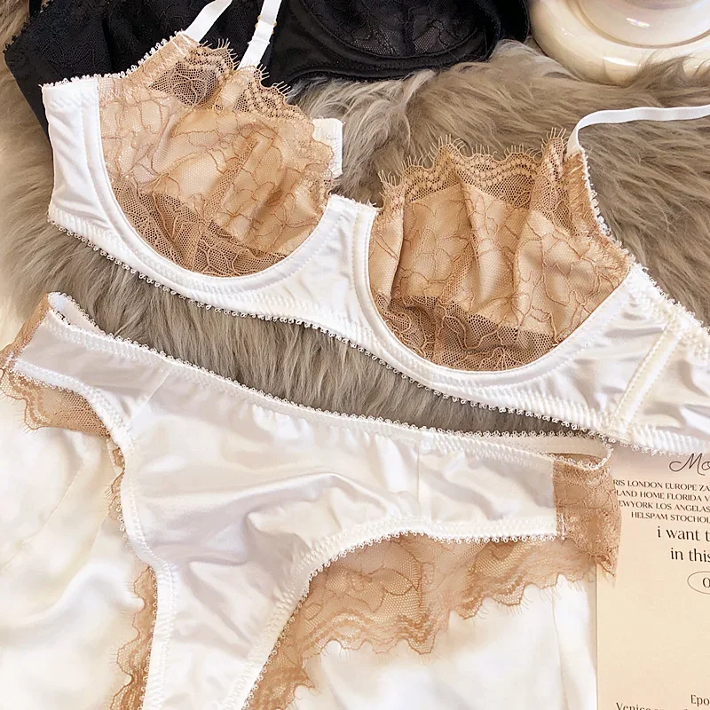 2 Pieces Sexy Ultra Thin Lace Bra Set Women Splicing Color Underwear French Silk Breathable Bras and Panties Intimate Lingerie