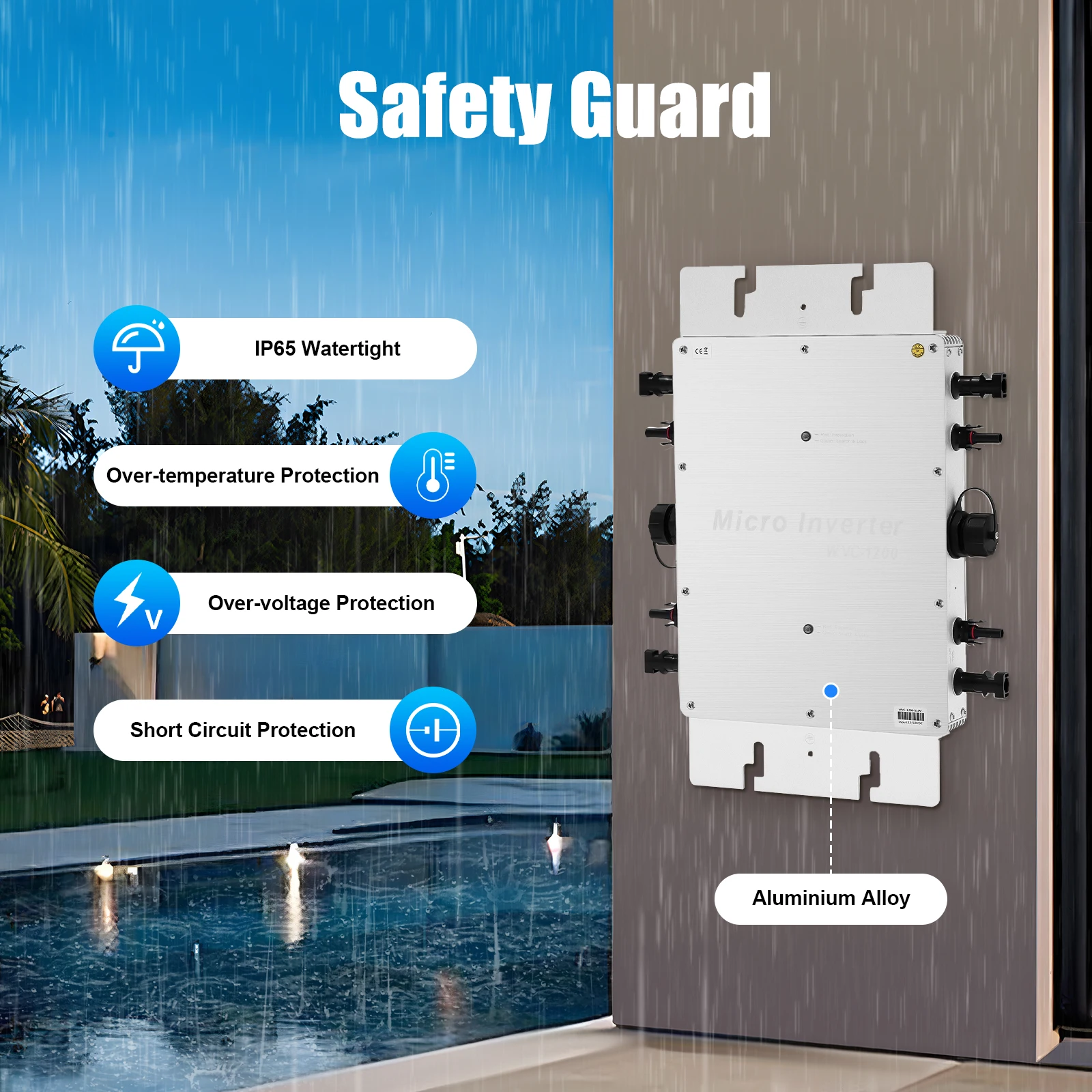 1200W Solar Grid Tie Inverter IP65 Waterproof 99.9% Power Transmission Rate LCD Display 32-bit DSP Digital Control Electrical Isolation 6 Safety Protections Single Three Phase Parallel Installation Self Cooling For Home Solar Photovoltaic Power Generation