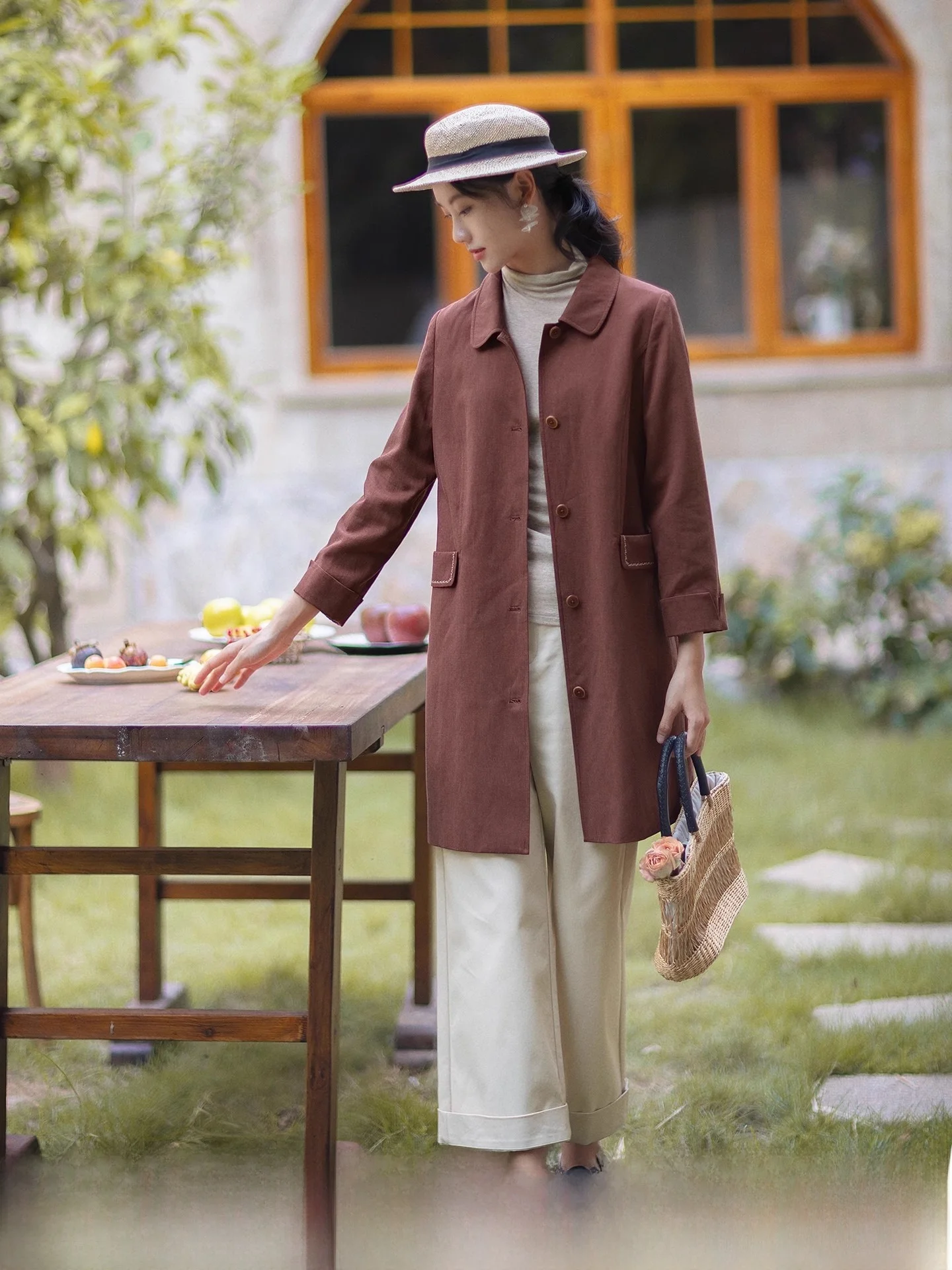 

Red Midi Length Women's Jaet Coat Casual Elegance Autumn New Sle Comfortable Cotton Blend Long Sve Single Button Closure