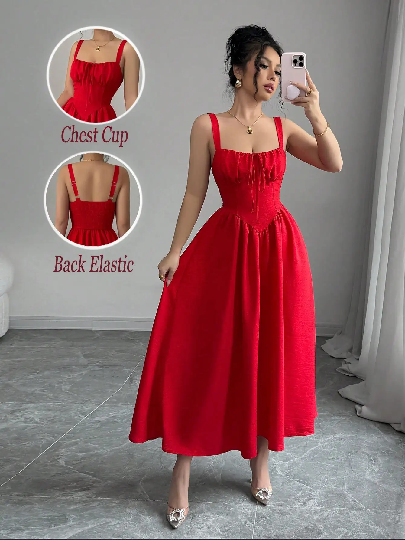 

Red Solid A-Line Midi Dress with Ruched Bust, Adjustable Straps & Elastic Back