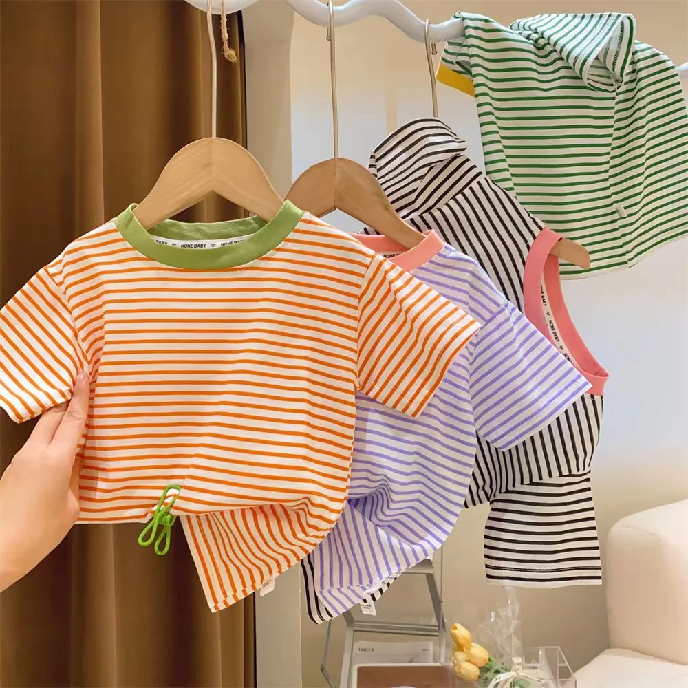 Children\'s Short-Sleeved Boys Girls 2023 Summer New Striped T-Shirt Baby Thin Section Half-Sleeved Bottoming Shirt Casual Wear