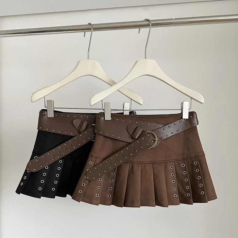 Mexzt y2k camurça mini saia feminina harajuku cinto gótico preto saias plissadas outono gyaru vintage streetwear design grunge faldas