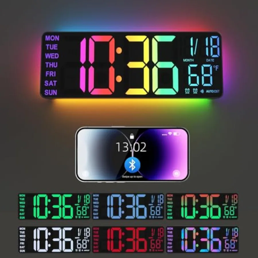 

13-дюймовые цифровые настенные часы с ночником, 8 цветами RGB, двумя будильниками, большим дисплеем, диммером, автоматической синхронизацией времени по Гринвичу, голосовым управлением и автоматической синхронизацией времени