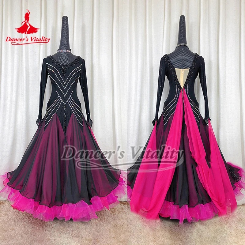 Ballroom Dance AB Stones Long Sleeves Competition Big Swing Dresses Included Necklace Luxurious Customize Waltz Foxtrot Clothing