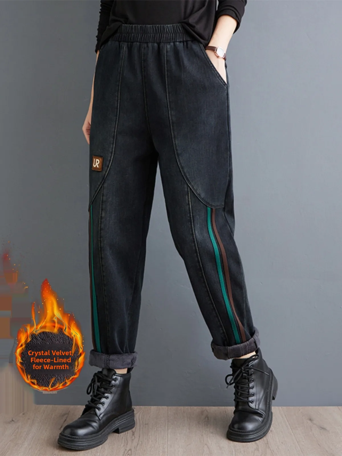 

Thiened Fce Elastic Waist Loose Fit Large Size Women's Jeans Harlan Pants Warm Long Trousers Autumn Winter New Sle